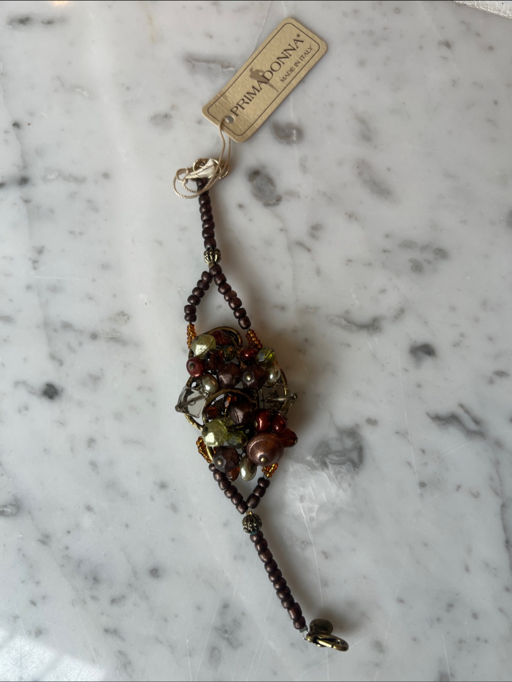 Prima Donna Brown, Gold & Olive Cluster Beaded Bracelet